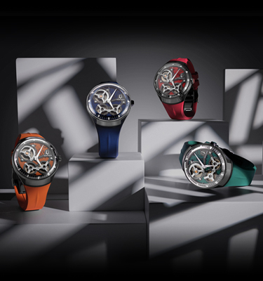 Accutron DNA Casino Collection Watches Three Accutron DNA Casino watches with colorful straps displayed in dramatic lighting