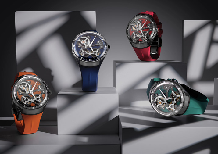 Accutron DNA Casino Collection Watches Three Accutron DNA Casino watches with colorful straps displayed in dramatic lighting