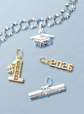 Charm Jewelry – Personalized & Graduation Charms Gold and silver charms including graduation and number charms for personalization