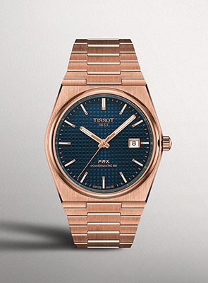 Shop Tissot PRX Watches Tissot PRX rose gold-tone watch with blue textured dial and integrated bracelet