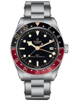 Shop TUDOR Watch Collection TUDOR Black Bay watch with black and burgundy case, black dial and stainless steel bracelet