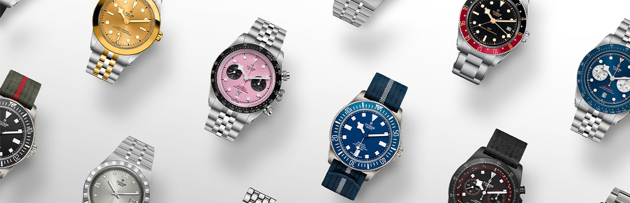 Tudor Watches Collection Assorted Tudor watches arranged on white background